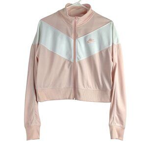 Nike Pink White Color Block Long Sleeve Mock Neck Full Zip Crop Sweater Sz L
